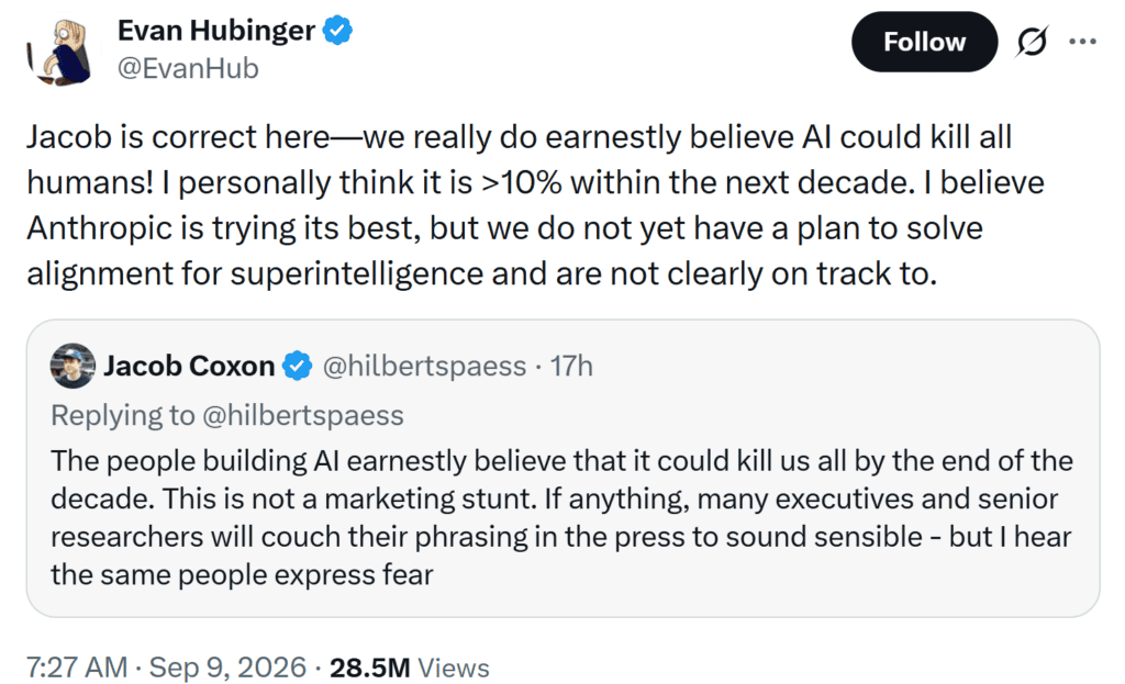 Anthropic Alignment Science lead Evan Hubinger says AI developers fear existential risks, personally estimating a 10%+ chance of AI causing human extinction within the next decade.