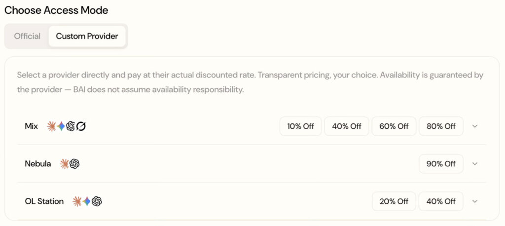 B.AI Custom Provider screen listing Mix, Nebula, and OL Station with discounted API pricing tiers.