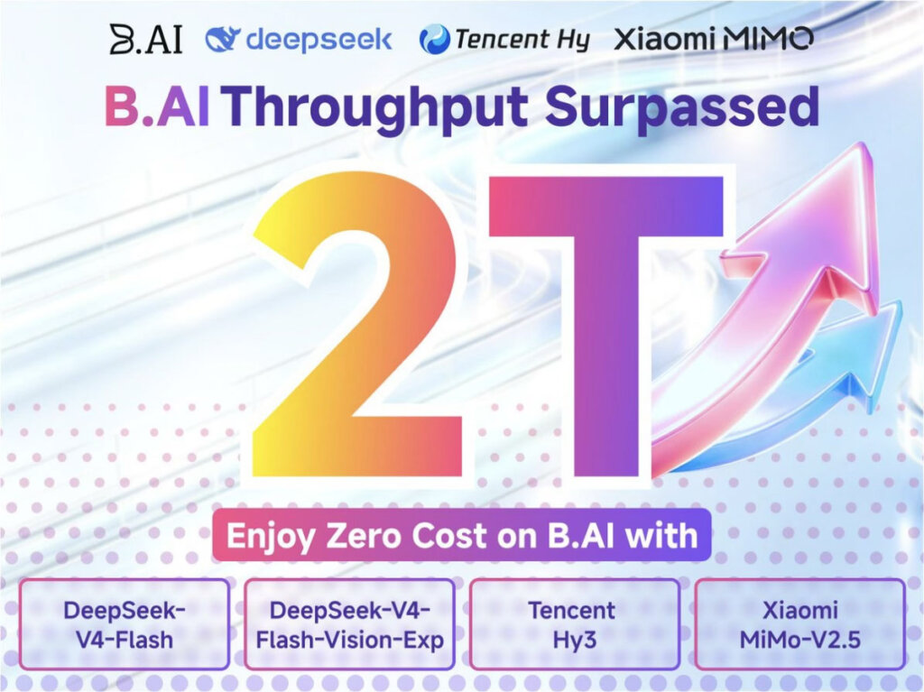 B.AI graphic announcing more than 2 trillion tokens of throughput across free DeepSeek, Tencent Hy3, and Xiaomi MiMo access.