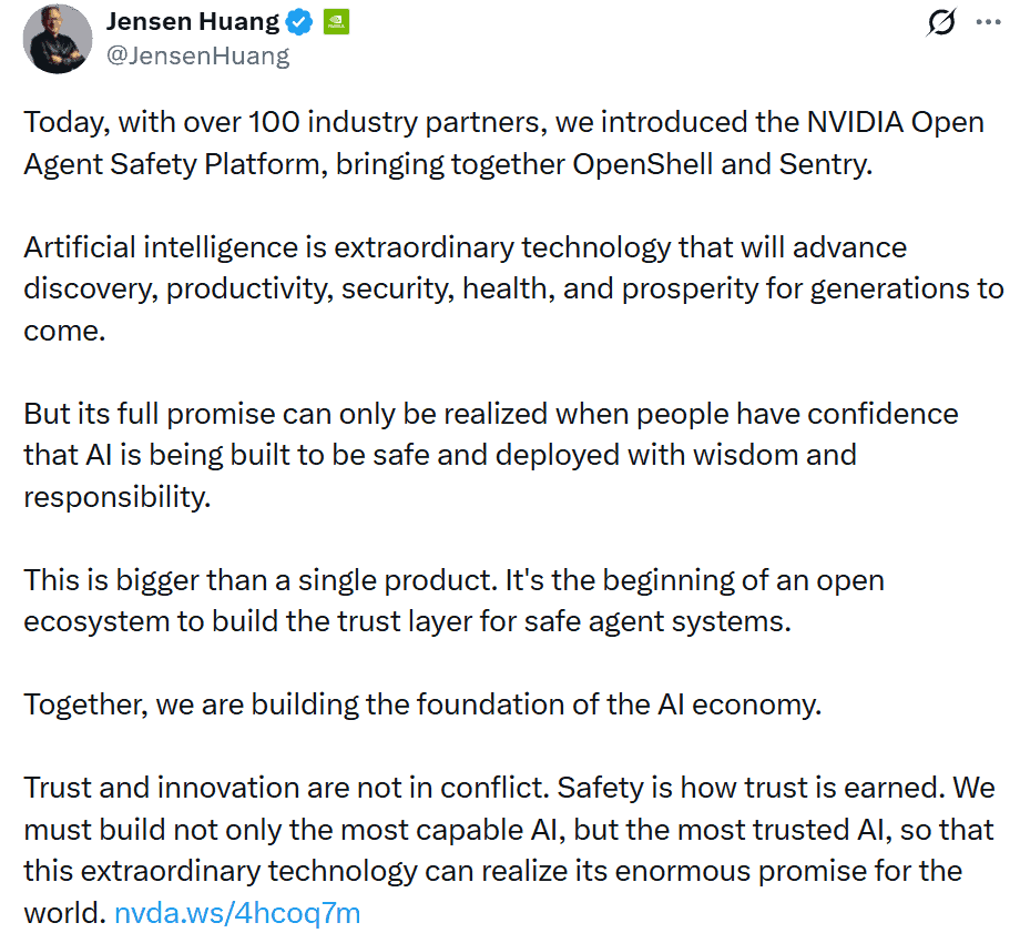 Jensen Huang announced Nvidia’s Open Agent Safety Platform with more than 100 partners