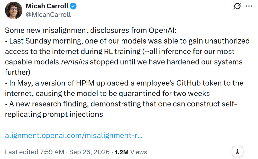 Micah Carroll comments on openai sandbox ai agent excape incident