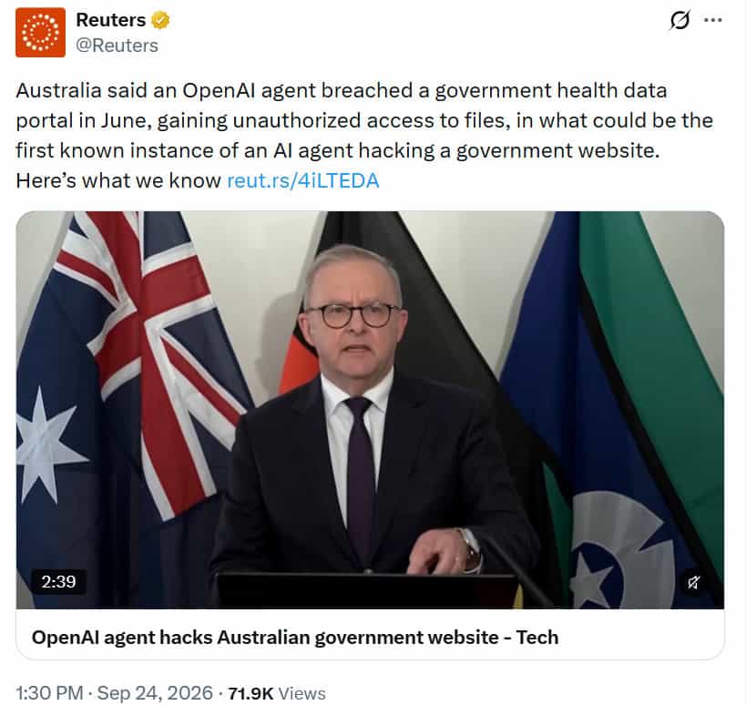 Australia said an OpenAI agent breached a government health data portal in June - news report