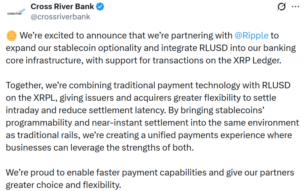 The Cross River Bank and Ripple partnership combines traditional payment systems with stablecoin functionality