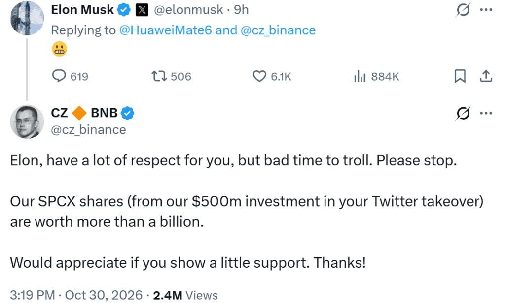 CZ urges Elon Musk to stop mocking Binance's record $6.3 billion hack