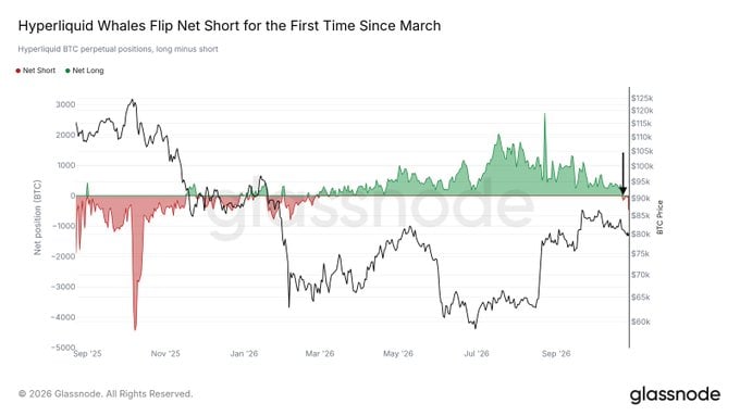 Hyperliquid whales turned net short on Bitcoin perpetuals for the first time since March 2026