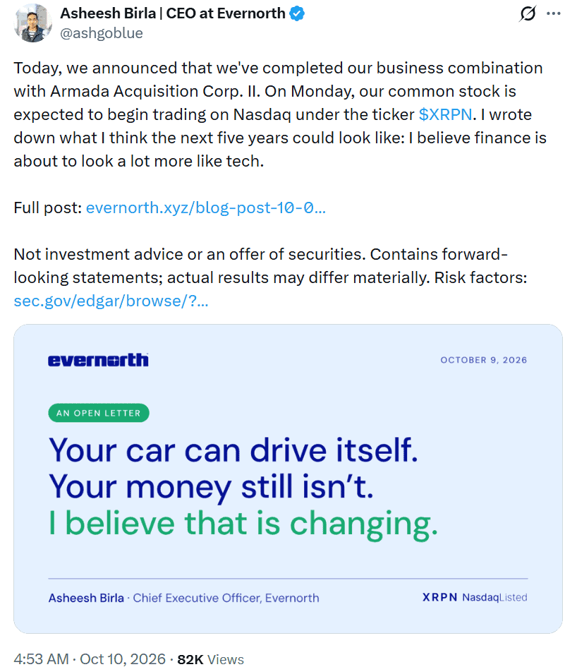 Evernorth CEO Asheesh Birla comments on Nasdaq XRPN launch