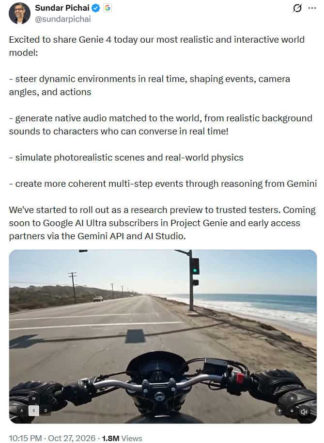 Sundar Pichai unveiled Genie 4 AI Models
