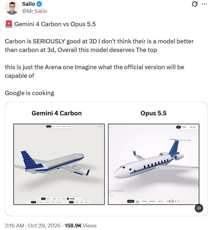 The post compares Google’s Gemini 4 Carbon with Opus 5.5 in a side-by-side video demonstration of complex 3D modeling