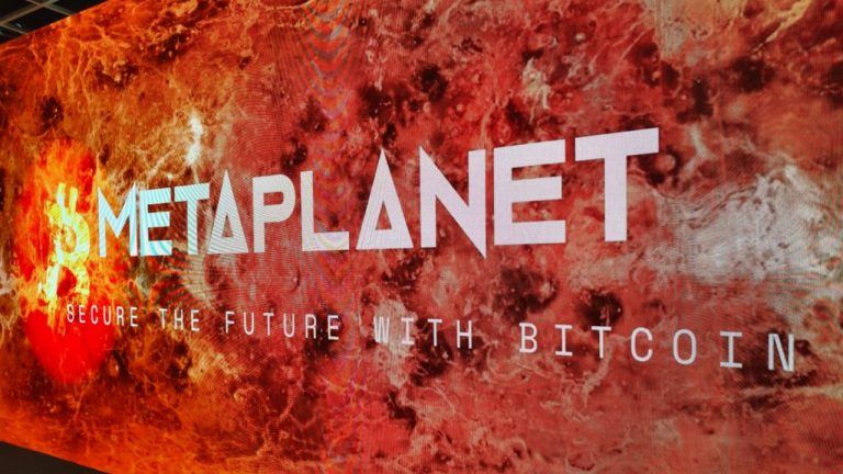 Metaplanet logo on red screen