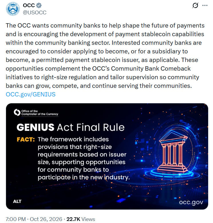The OCC encourages community banks to apply directly or via subsidiaries to become permitted payment stablecoin issuers under the GENIUS Act
