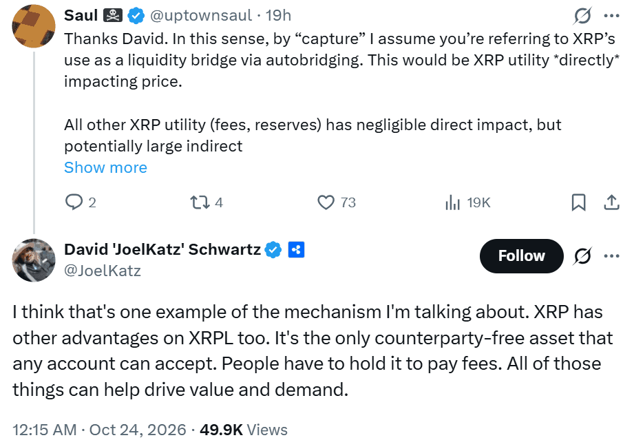 Schwartz highlights XRPL autobridging as a direct utility mechanism through which XRP usage can drive price